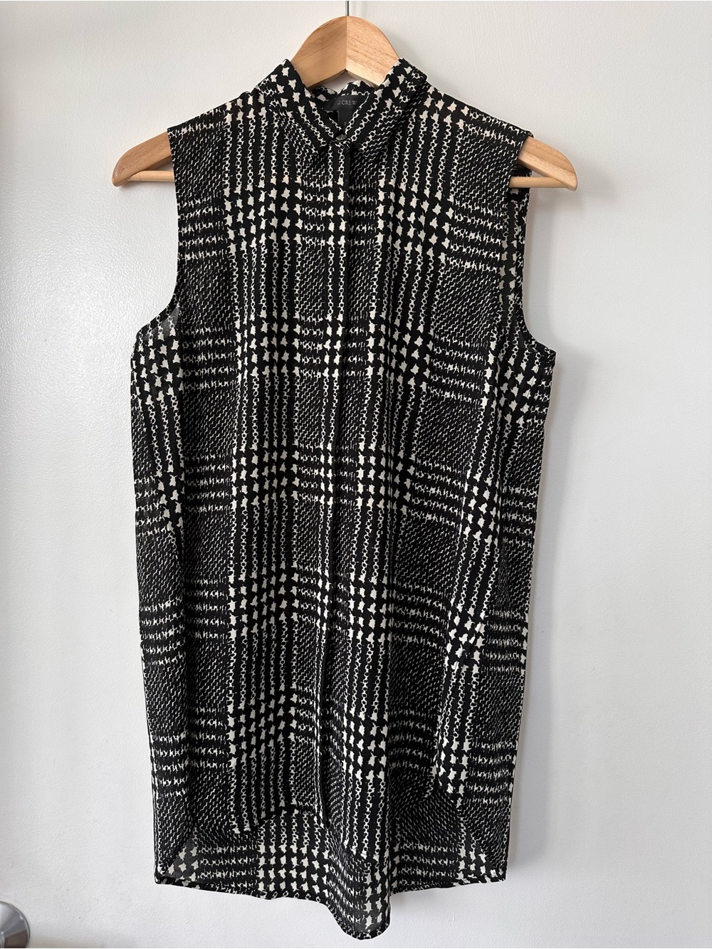 J. Crew Black and White Plaid Sleeveless Blouse Collared